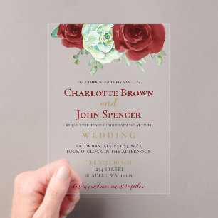 Invitations En Acrylique aquarelle succulent bordeaux or mariage floral