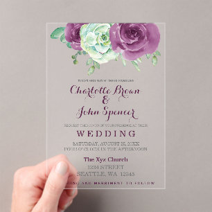 Invitations En Acrylique aquarelle succulent prune rose mariage