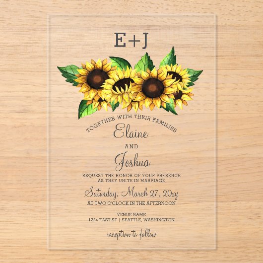 Invitations En Acrylique Aquarelle Tournesols Pays Mariage rustique (Recto)