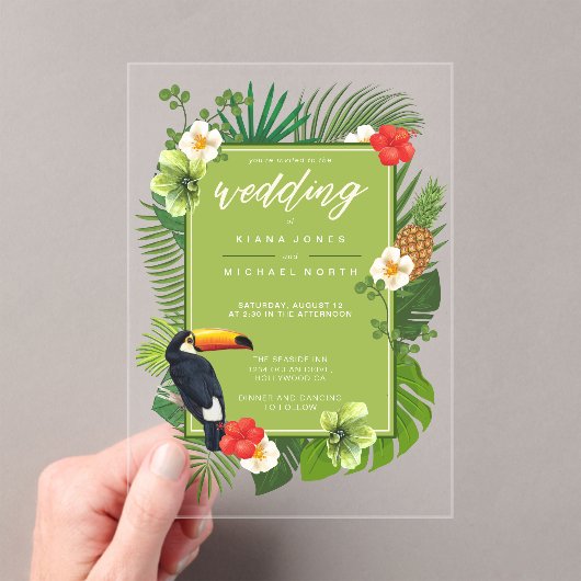 Invitations En Acrylique Aquarelle Tropical avec Mariage Toucan Green ID577 (In situ (ordinateur de poche))