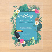 Invitations En Acrylique Aquarelle Tropical avec Mariage Toucan ID Turquois (Recto)