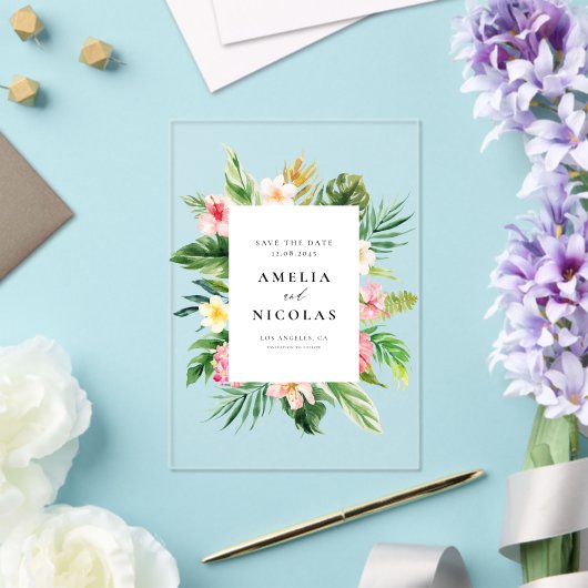 Invitations En Acrylique Aquarelle Tropical Botanical Frame Enregistrer la (Insitu (Mariage))
