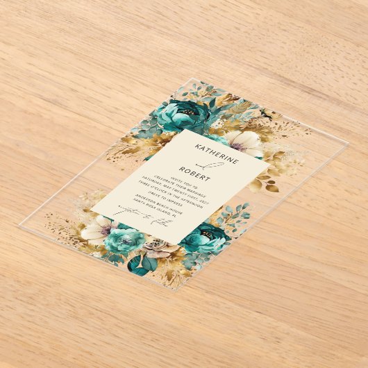 Invitations En Acrylique Aquarelle Turquoise or Floral Mariage (Poser)