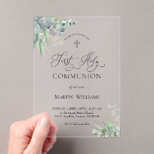 Invitations En Acrylique aquarelle verdure feuillage   Première Communion 