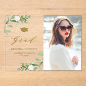 Invitations En Acrylique Aquarelle Verdure Fleurs blanches Graduation (Recto)