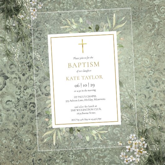 Invitations En Acrylique Aquarelle Verdure Or Baptême Christening