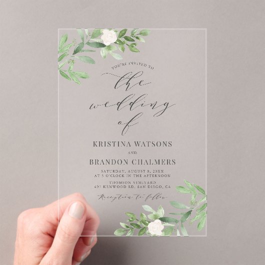 Invitations En Acrylique Aquarelle Vert et Fleurs blanches Mariage gris (In situ (ordinateur de poche))