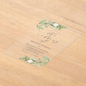 Invitations En Acrylique Aquarelle Vert et Fleurs blanches Mariage gris (Poser)