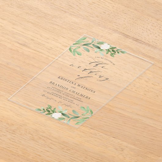 Invitations En Acrylique Aquarelle Vert et Fleurs blanches Mariage gris (Poser)