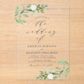 Invitations En Acrylique Aquarelle Vert et Fleurs blanches Mariage gris (Recto)