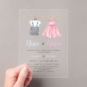 Invitations En Acrylique Aquarelle Vêtements de bébé espagnol Révélation de