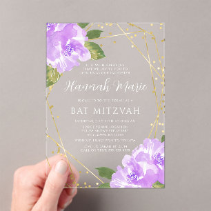 Invitations En Acrylique Aquarelle violet Bat mitzvah d'or Floral