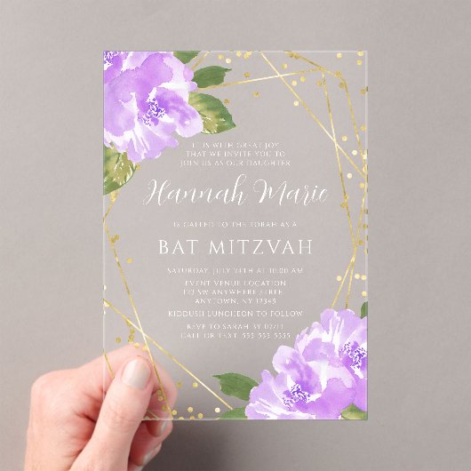 Invitations En Acrylique Aquarelle violet Bat mitzvah d'or Floral (In situ (ordinateur de poche))