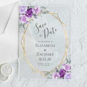 Invitations En Acrylique Aquarelle violet cadre or floral Enregistrer la da