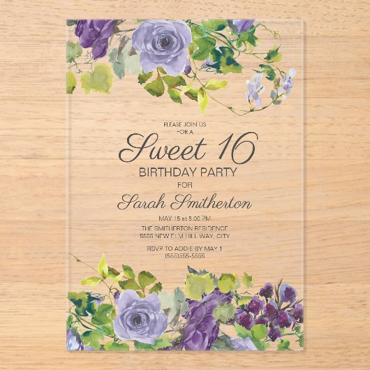 Invitations En Acrylique Aquarelle violette Vins floraux doux 16