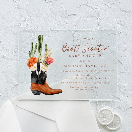 Invitations En Acrylique Aquarelle Western Boot Scootin' Baby shower