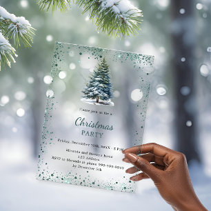 Invitations En Acrylique Arbre de fête de Noël enneigé vert dessiné à la ma