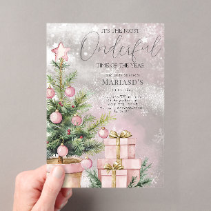 Invitations En Acrylique Arbre de Noël rose aquarelle pour 1er anniversaire