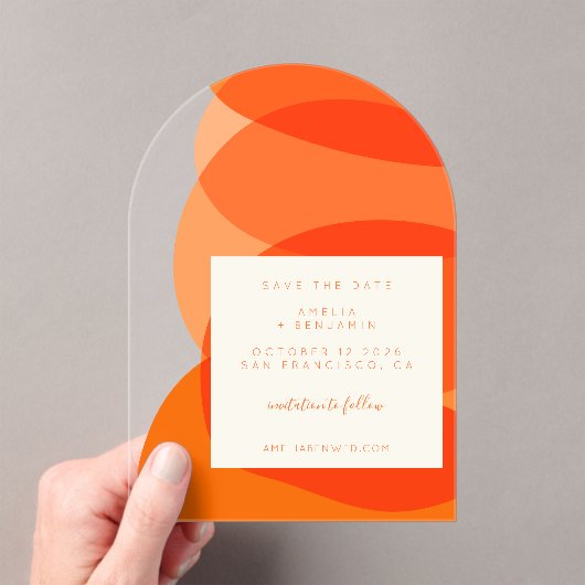 Invitations En Acrylique Arc Abstrait Orange unique moderne Enregistrer la (In situ (ordinateur de poche))