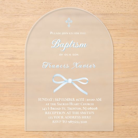Invitations En Acrylique arc bleu pastel Baptême (Recto)