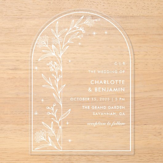 Invitations En Acrylique Arc céleste blanc étoilé Mariage botanique (Recto)