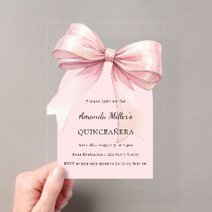 Invitations En Acrylique Arc clair de luxe Quinceanera avec noeud rose