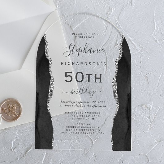 Invitations En Acrylique Arc de 50e anniversaire de l'âge d'argent noir