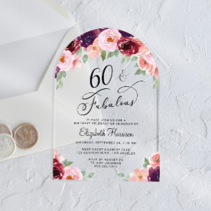 Invitations En Acrylique Arc de fête d'anniversaire 60 ans à l'aquarelle fl