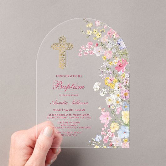 Invitations En Acrylique Arc de fleurs de prairie Baptême (In situ (ordinateur de poche))