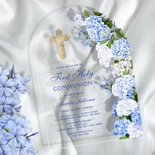 Invitations En Acrylique Arc de l'Hydrangea Bleue Première Communion