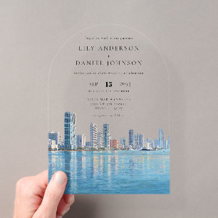 Invitations En Acrylique Arc de mariage à l'aquarelle de la skyline élégant