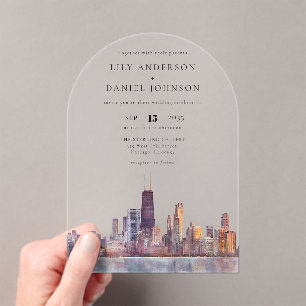 Invitations En Acrylique Arc de mariage à l'aquarelle de la skyline élégant