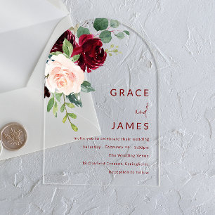 Invitations En Acrylique Arc de mariage moderne bordeaux et blush