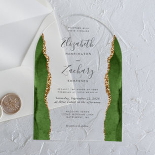 Invitations En Acrylique Arc de mariage moderne en agate verte chasseur et