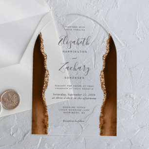 Invitations En Acrylique Arc de Mariage moderne Mocha Brown Gold Agate