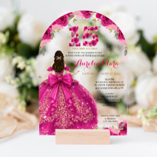 Invitations En Acrylique Arc de Quinceanera Coquette Princesse Rose Florale