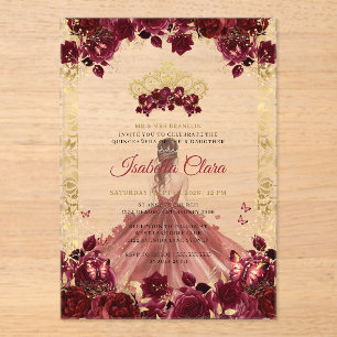 Invitations En Acrylique Arc d'or floral de Bourgogne Princesse Quinceanera
