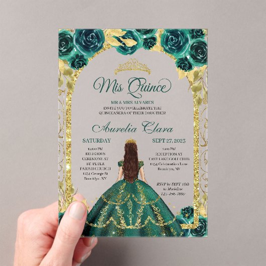 Invitations En Acrylique Arc d'or Princess Floral Vert Quinceanera (In situ (ordinateur de poche))