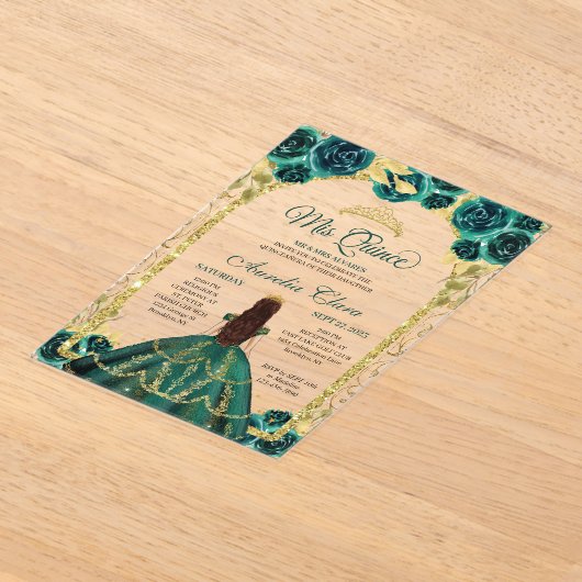 Invitations En Acrylique Arc d'or Princess Floral Vert Quinceanera (Poser)