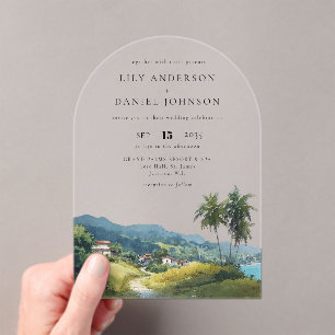 Invitations En Acrylique Arc élégant de mariage tropical caribéen à l'aquar