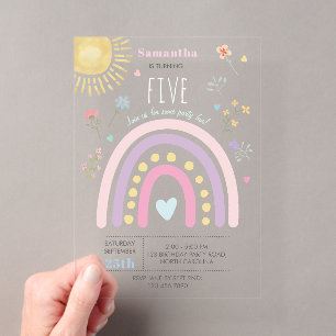 Invitations En Acrylique Arc-en-ciel Pastel Fleurs Sauvages Cœurs Anniversa