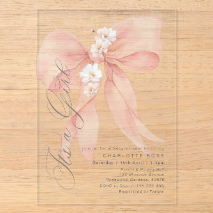 Invitations En Acrylique Arc en ruban rose C'est une fille Floral pastel Ba