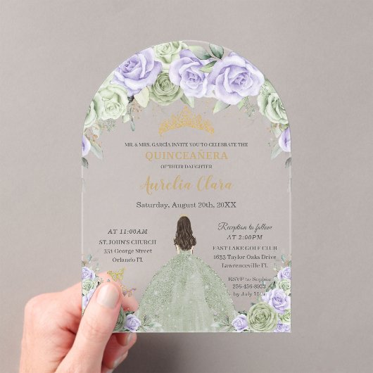 Invitations En Acrylique Arc Floral de Quinceañera Sage Vert pourpre Lilac (In situ (ordinateur de poche))