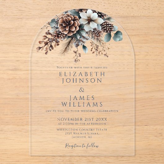 Invitations En Acrylique Arc Mariage de Pinecone Rustique moderne (Recto)