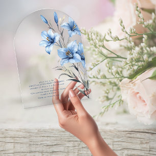 Invitations En Acrylique Arc Mariage minimaliste de fleurs bleues QR Code