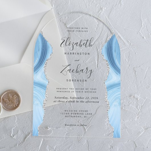 Invitations En Acrylique Arc Mariage moderne Bleu Bleu Argent Agate