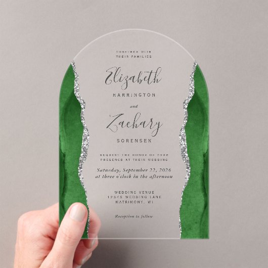 Invitations En Acrylique Arc Mariage moderne Hunter Green Argent Agate (In situ (ordinateur de poche))