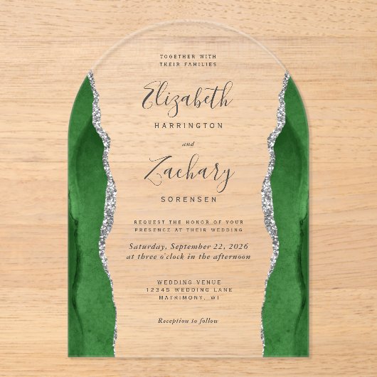 Invitations En Acrylique Arc Mariage moderne Hunter Green Argent Agate (Recto)
