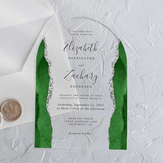 Invitations En Acrylique Arc Mariage moderne Hunter Green Argent Agate