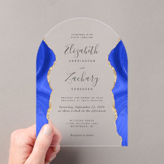 Invitations En Acrylique Arc Mariage moderne Royal Blue Gold Agate (In situ (ordinateur de poche))